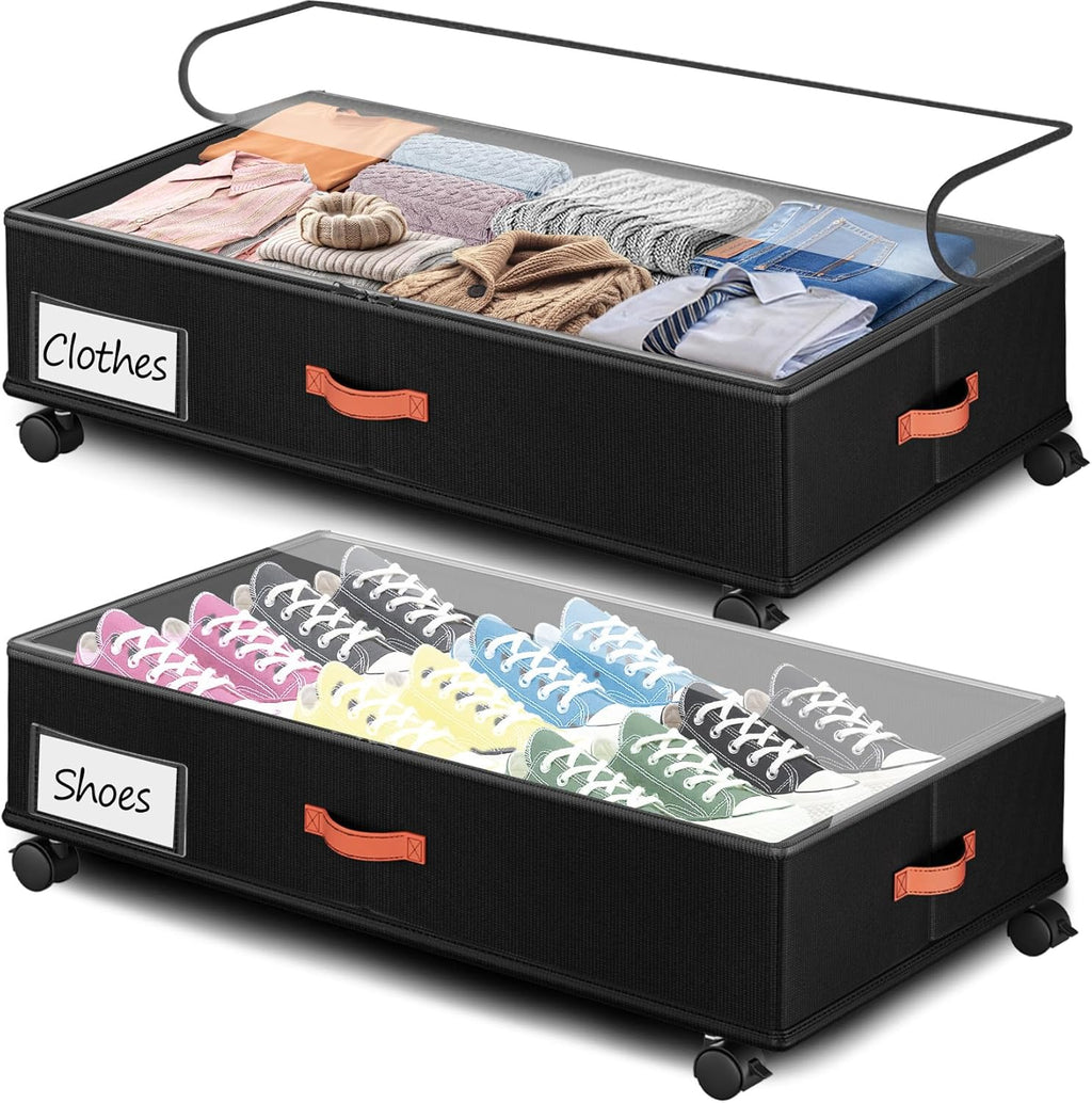 Under Bed Storage with Wheels 2-Pack, Under Bed Storage Containers 66L Clear Lids, Rolling Storage Drawers for