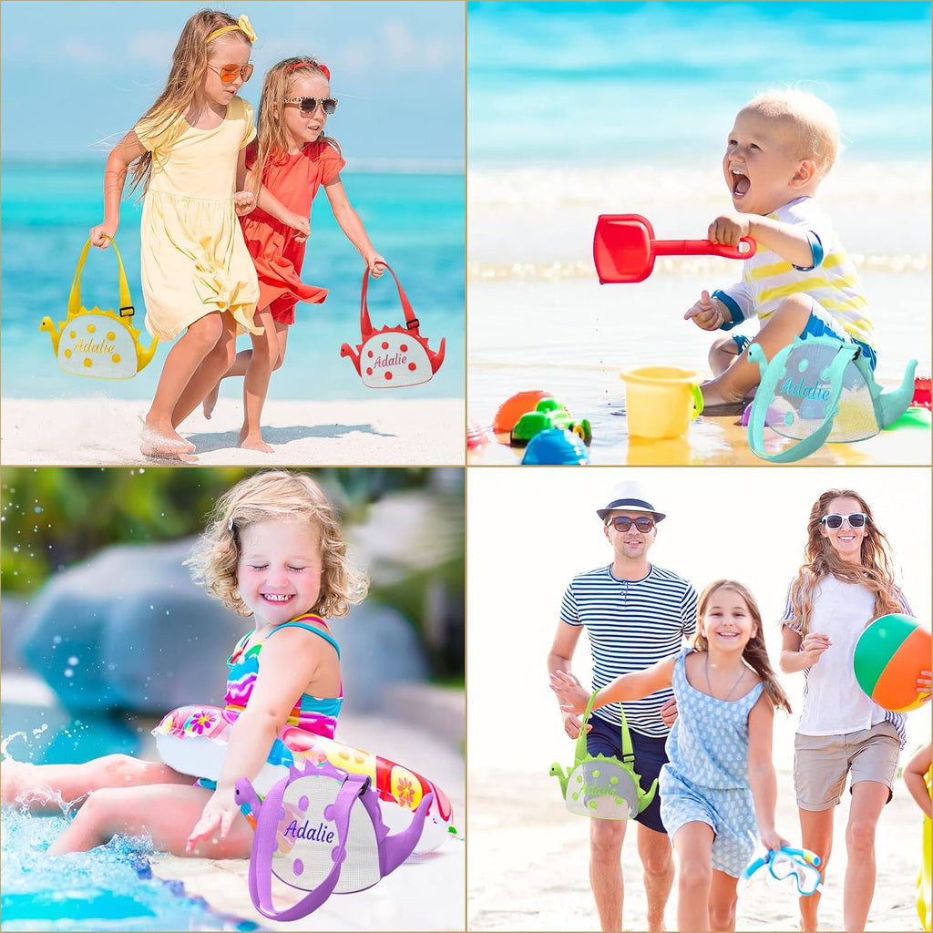 Beach Shell Bags Kids Mesh Personalized 3 Pack Dinosaur Shaped Shell Collecting Bag Kids Beach Toys Organizer with