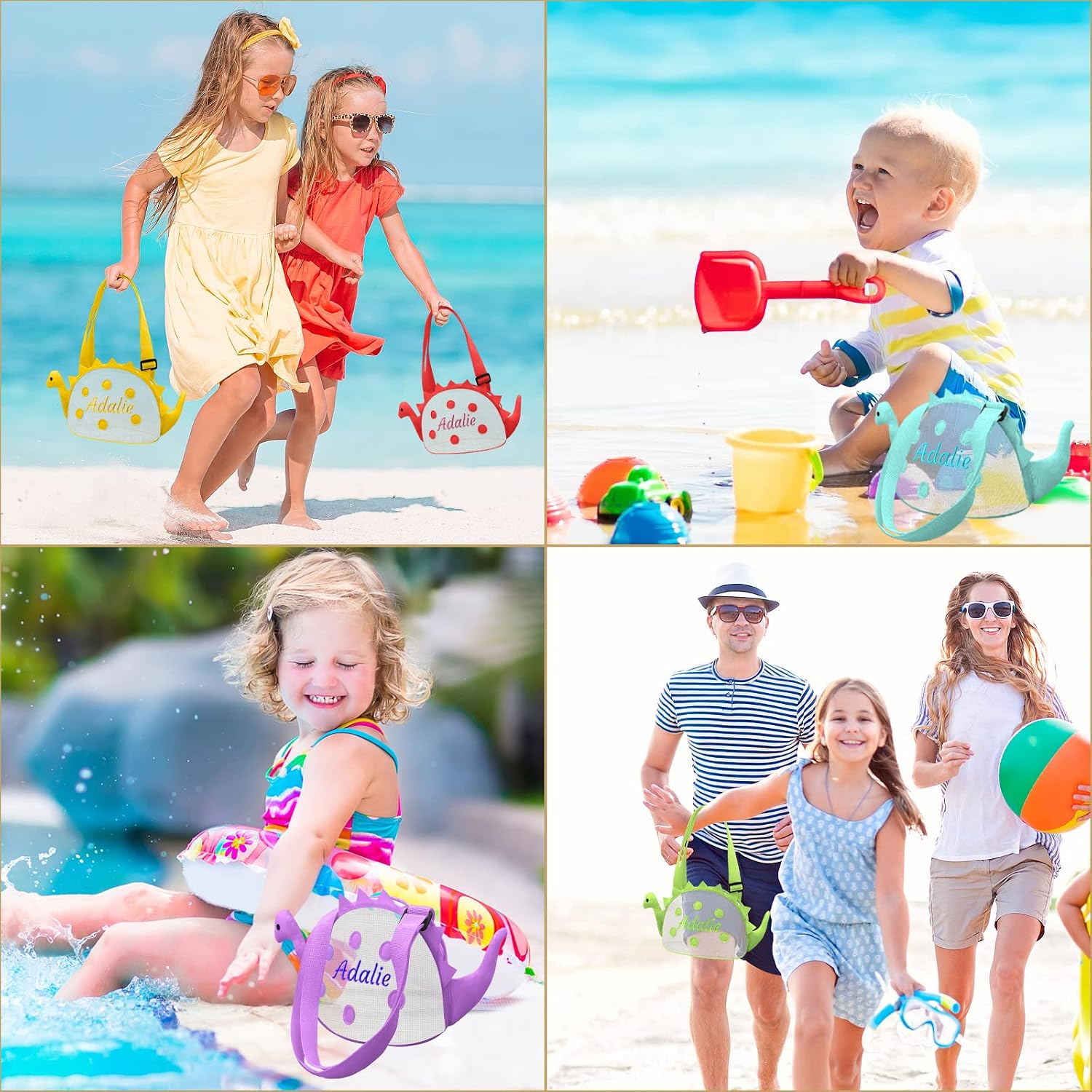 Beach Shell Bags Kids Mesh Personalized 3 Pack Dinosaur Shaped Shell Collecting Bag Kids Beach Toys Organizer with