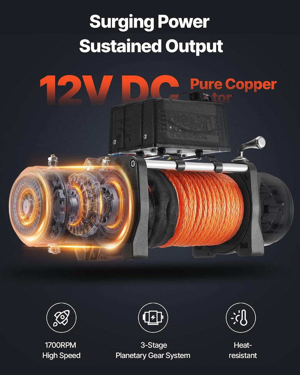 Electric Winch, 12000 lbs Load Capacity, 12V DC Truck Winch with Φ0.36 in x 75.5 ft Synthetic Rope, Wireless & Wired