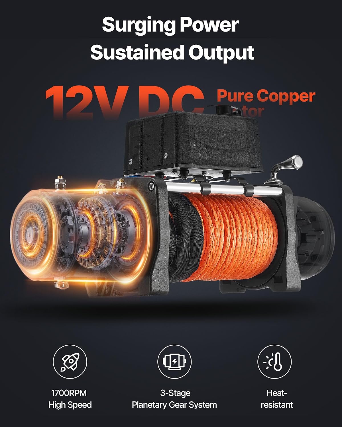 Electric Winch, 12000 lbs Load Capacity, 12V DC Truck Winch with Φ0.36 in x 75.5 ft Synthetic Rope, Wireless & Wired