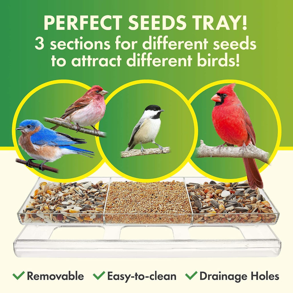 D.F. Omer Window Bird Feeder with 3 Section Tray and Roof Cover, Weatherproof Outdoor Suction Cup Hanger Acrylic