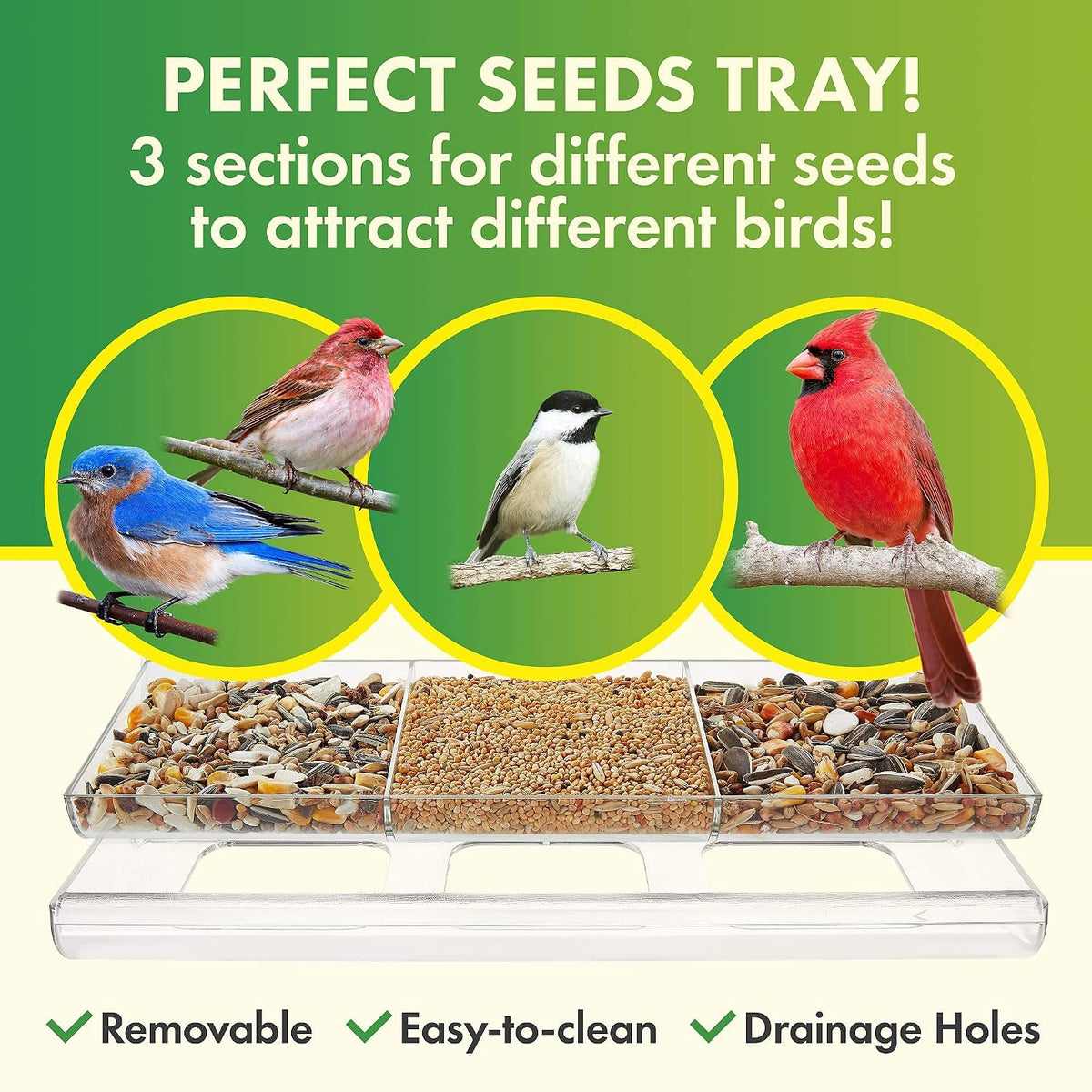 D.F. Omer Window Bird Feeder with 3 Section Tray and Roof Cover, Weatherproof Outdoor Suction Cup Hanger Acrylic