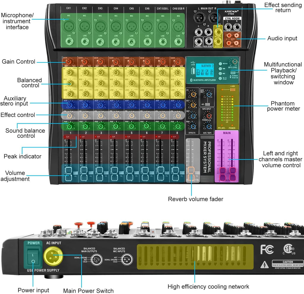 8-Channel Audio Mixer, Recording Sound Board with Bluetooth | DJ Mixer Board with 48V Phantom, USB & XLR Interface