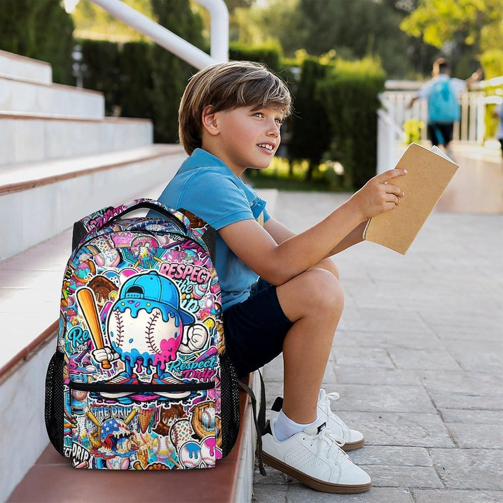 Kids Backpack for Boys Baseball Drip Backpacks for Kids Teens Team, Lightweight Large Capacity Cool Back to School