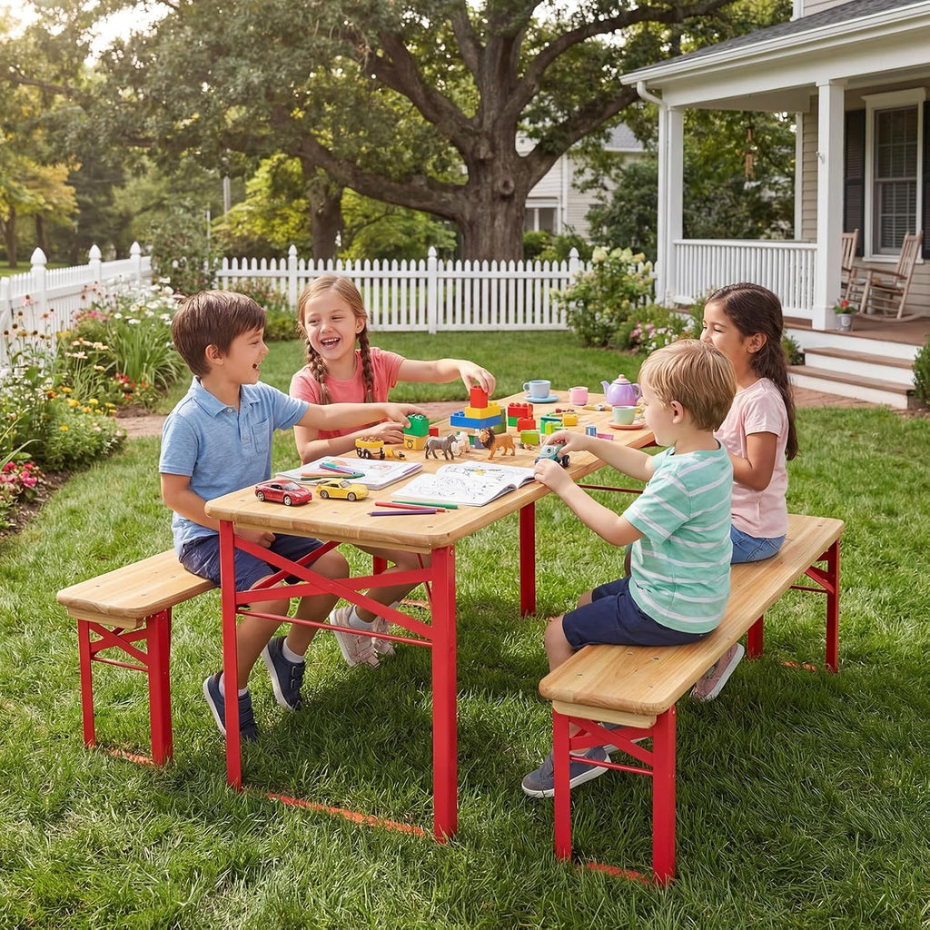 Folding Kids Picnic Table, 43.5 Inch Toddler Outdoor Table & 2 Benches, Fir Wood Top & Metal Frame, 3-Piece Portable
