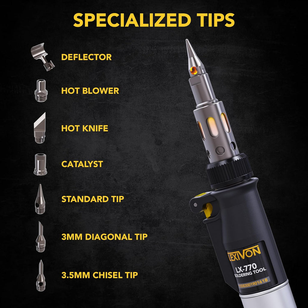 Butane Soldering Iron Multi-Purpose Kit | Cordless Self-Igniting Adjustable Flame 7-Tip Set | Pro Grade 125-Watt