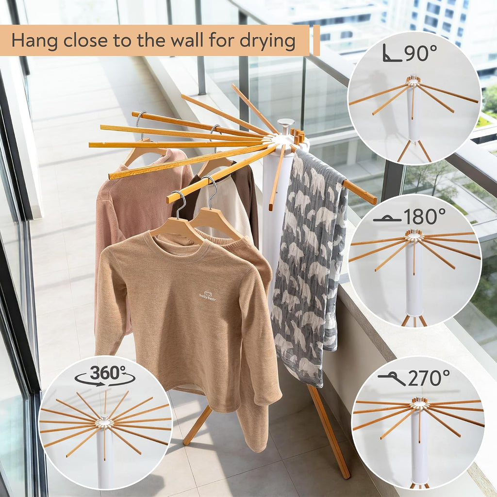 Clothes Drying Rack, Rotary Foldable Stand with 16 Arms, White | Stable Tripod Base, 50 lbs Heavy Duty, Portable &