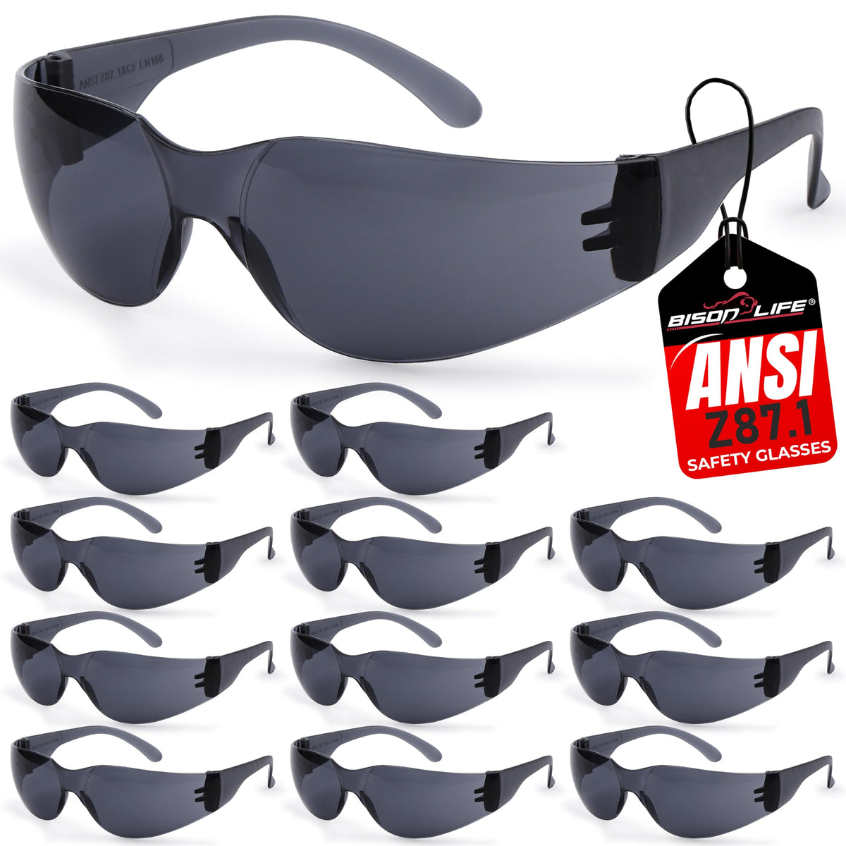 Black Safety Glasses for Men & Women, Bulk, ANSI Z87.1, 12 Pack