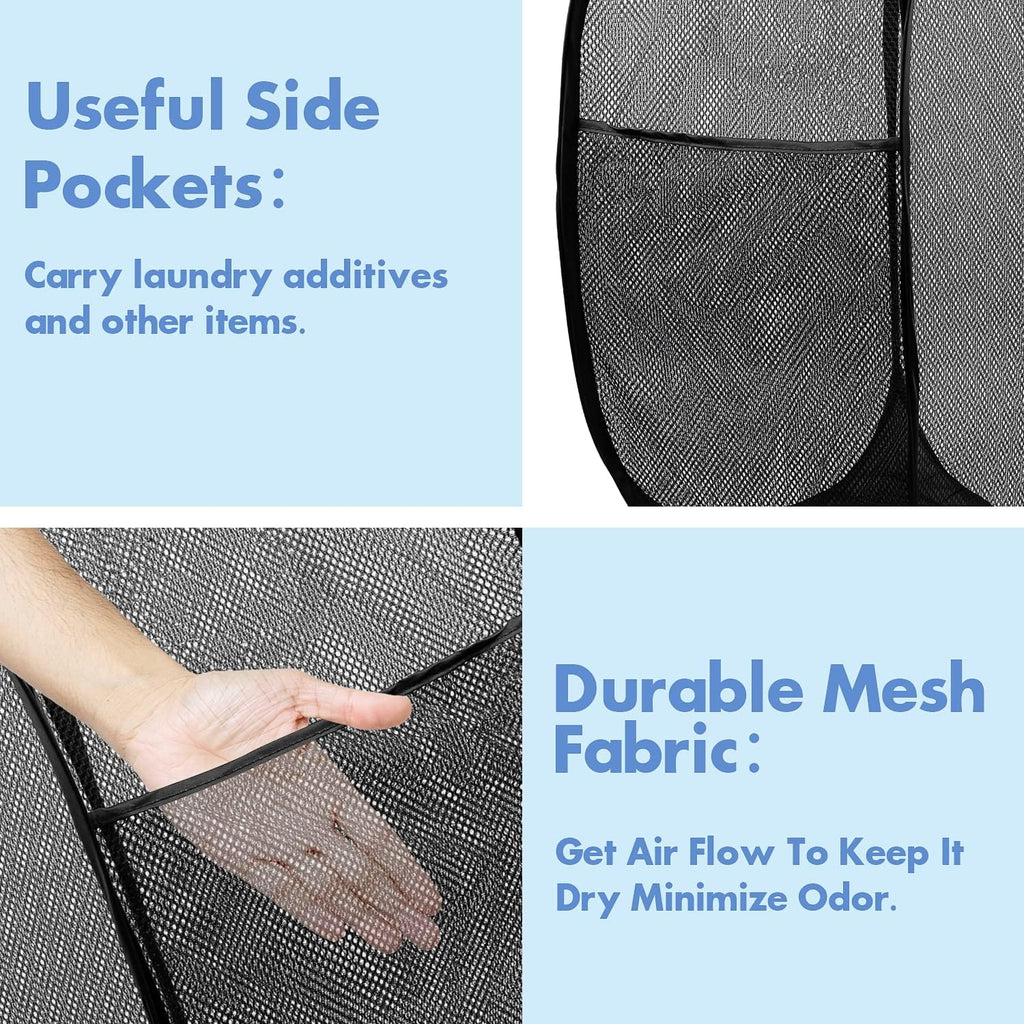 Pop Up Laundry Hamper, 70L Collapsible Mesh Laundry Basket with Side Pocket, Foldable Dirty Clothes Hamper with