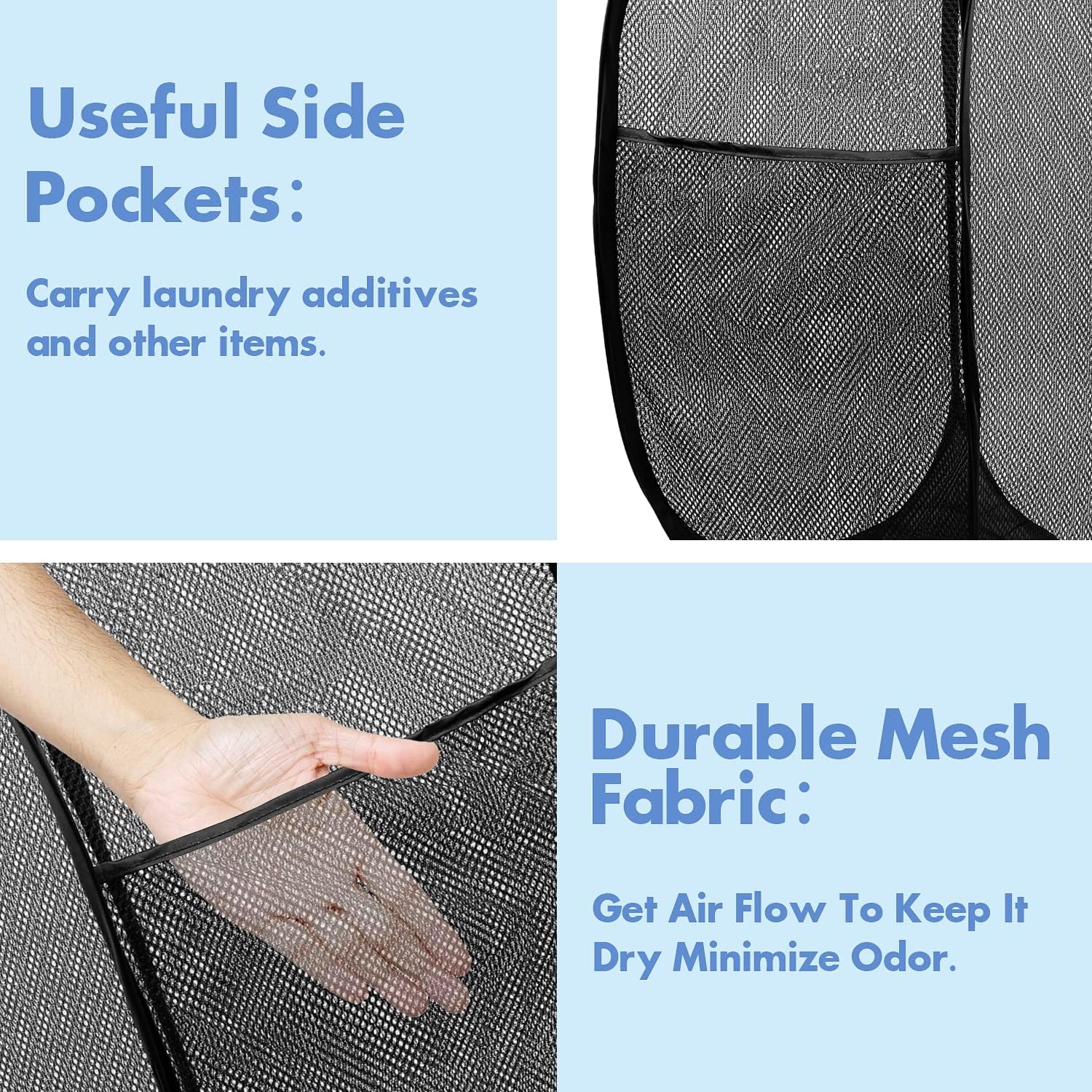 Pop Up Laundry Hamper, 70L Collapsible Mesh Laundry Basket with Side Pocket, Foldable Dirty Clothes Hamper with