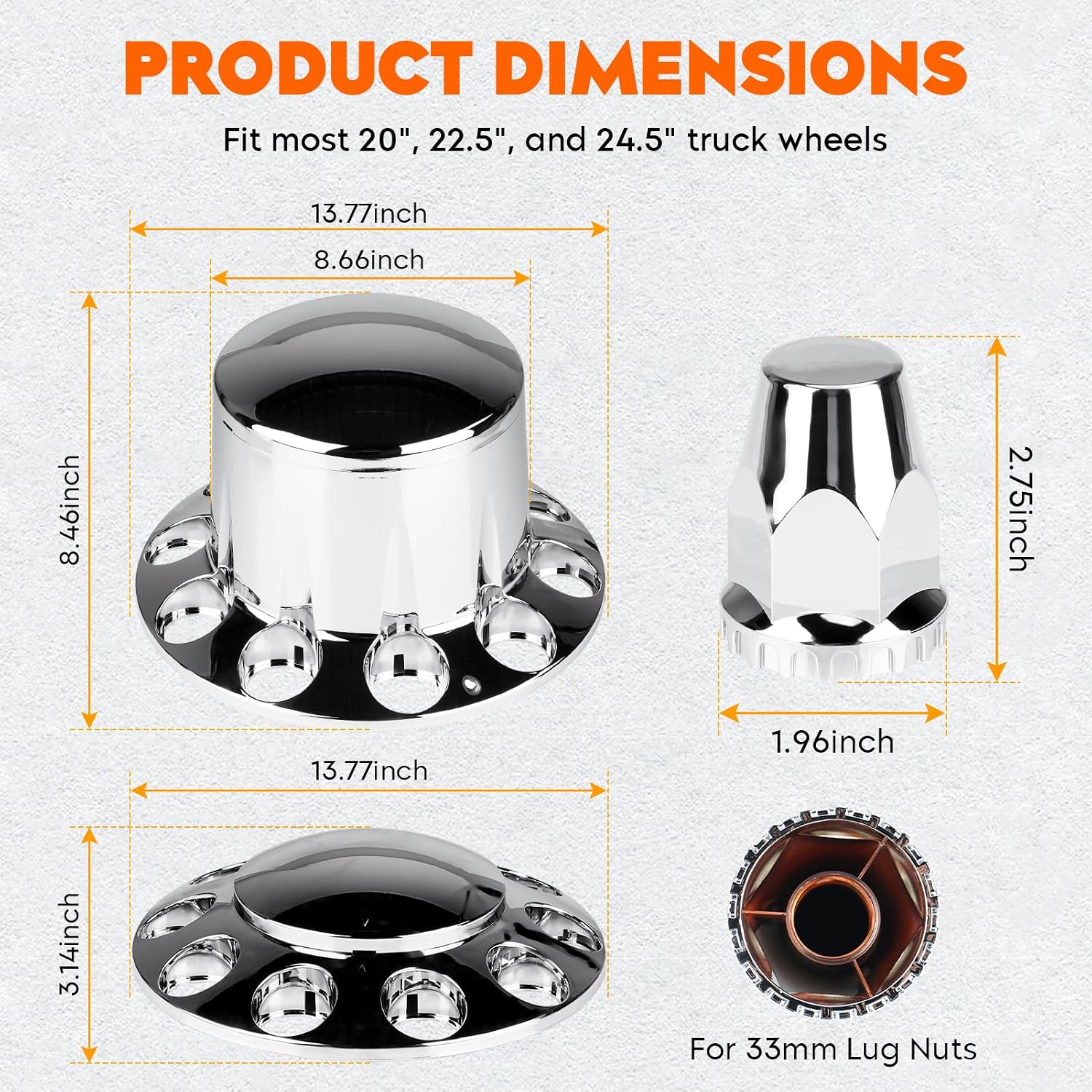 Chrome ABS 33 mm Thread-On Dome Axle Cover Combo Kit, 2 Front and 4 Rear with Removable Hub Caps and Lug Nut Covers
