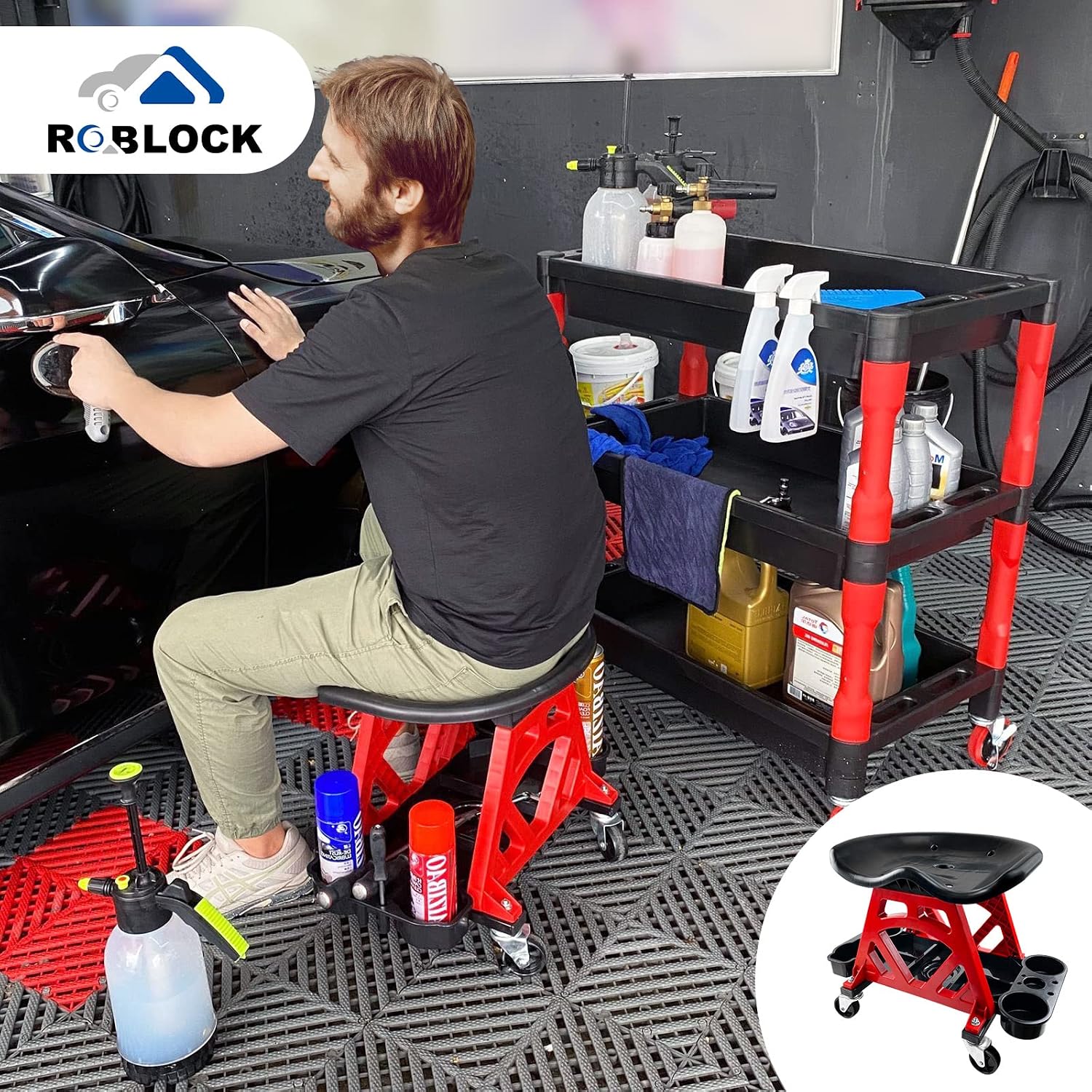 Durable Mechanic Stool Chair with Wheels, Heavy Duty Garage Shop Stool On Wheels, Rolling Stool Car Detailing Creeper