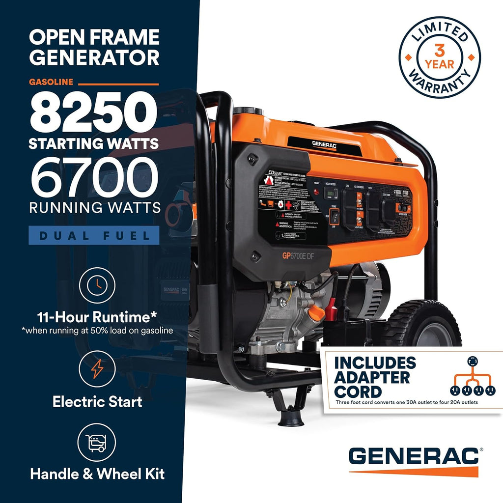8,250 Starting Watt Dual Fuel Portable Gas Generator Electric Start | Includes Adapter Cord, Home Backup Power
