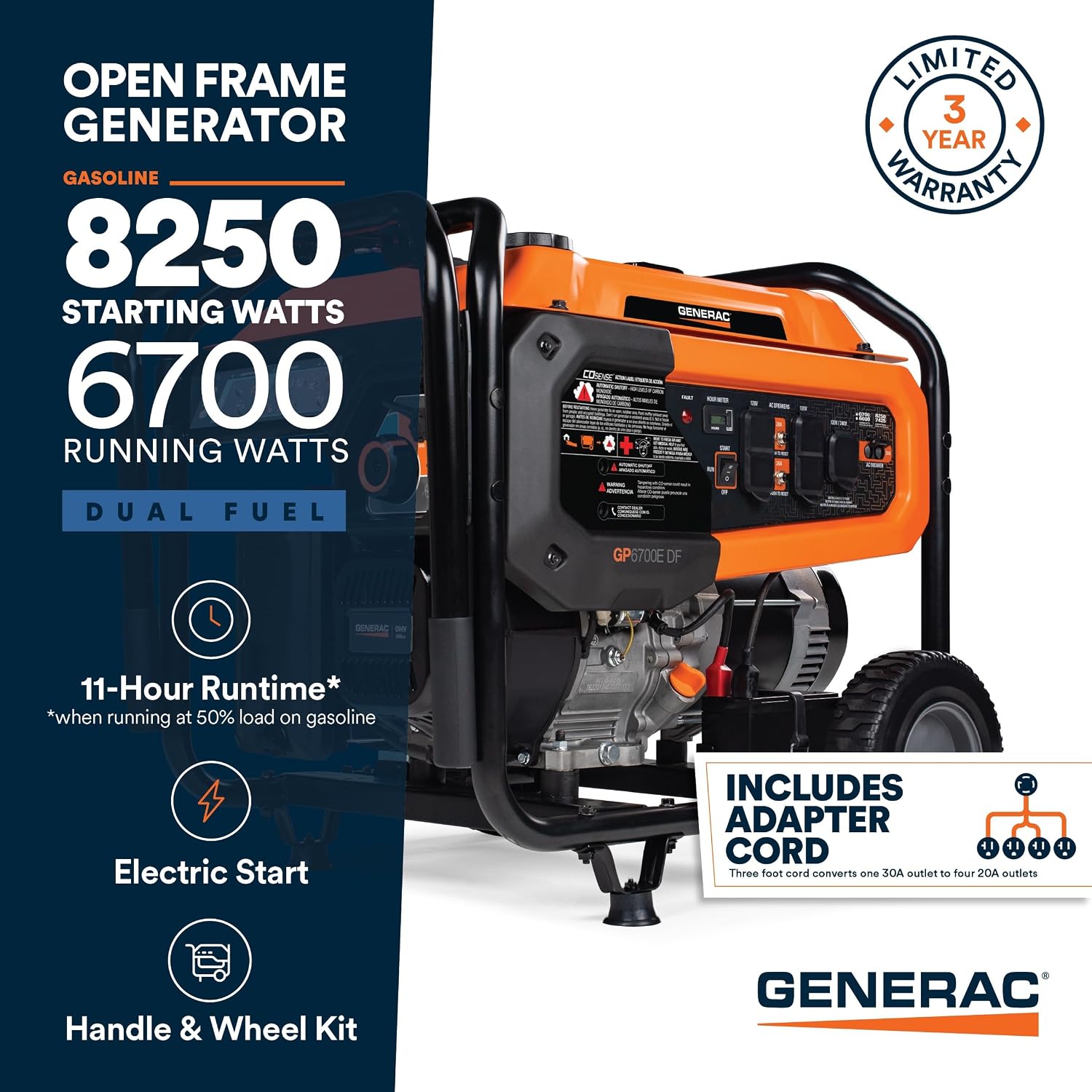 8,250 Starting Watt Dual Fuel Portable Gas Generator Electric Start | Includes Adapter Cord, Home Backup Power