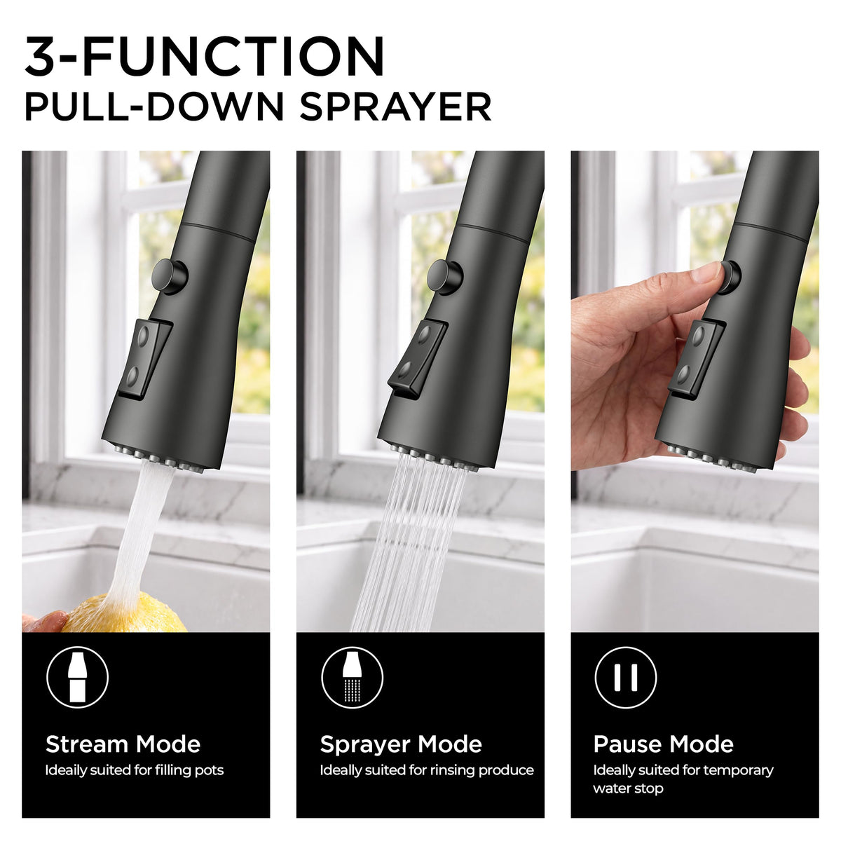 Black Kitchen Faucet with Cup Washer, Pull Down Sprayer, High Arc