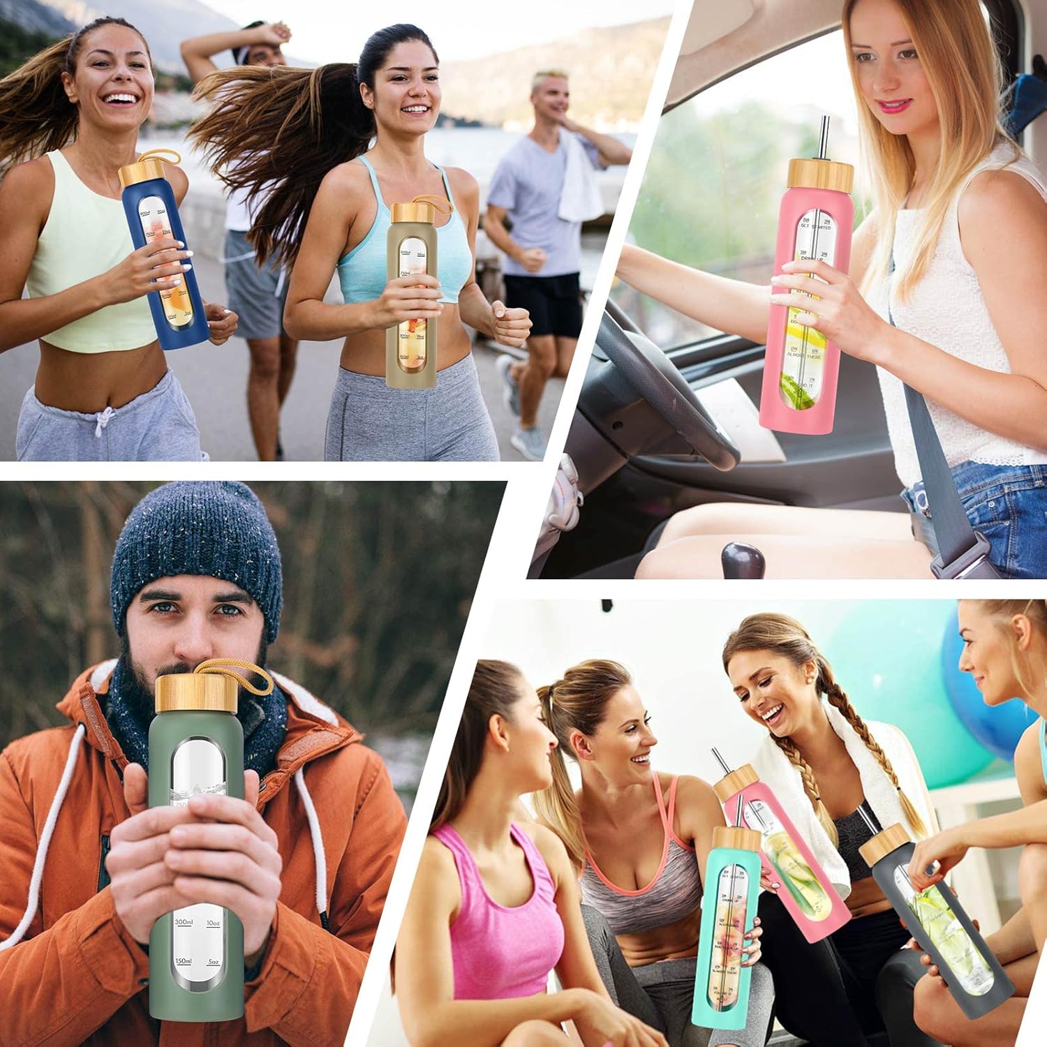 32 oz Glass Water Bottle with Straw - Motivational Time Marker & Silicone Sleeve - Reusable Tumbler Includes 2 Bamboo