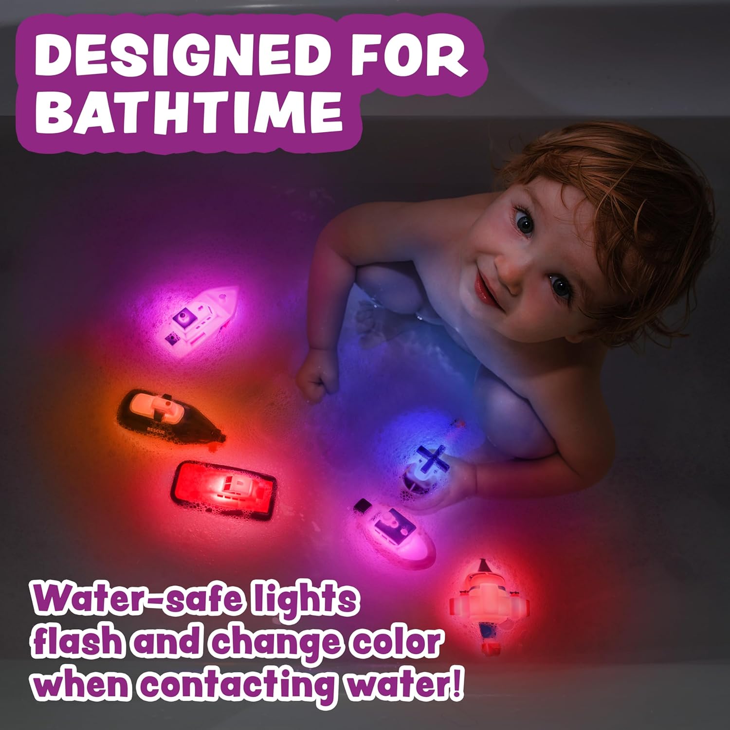 Ocean Rescue Vehicles Light Up Bath Toys, 6 Pack | Water-Activated Light Up Toys Flash & Change Color | Easy-Grip