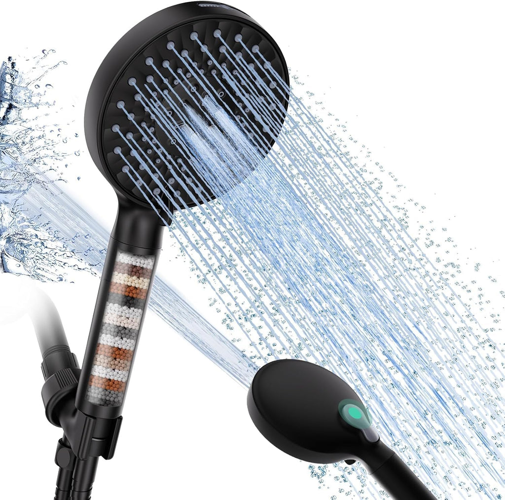 Filtered Shower Head with Handheld, High Pressure 9 Spray Mode Matte Black Showerhead with Filters, detachable shower