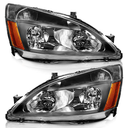 Headlight Assembly for 2003-2007 Honda Accord, OE Headlamp Replacement, Black Housing, Amber Reflector, Left+Right