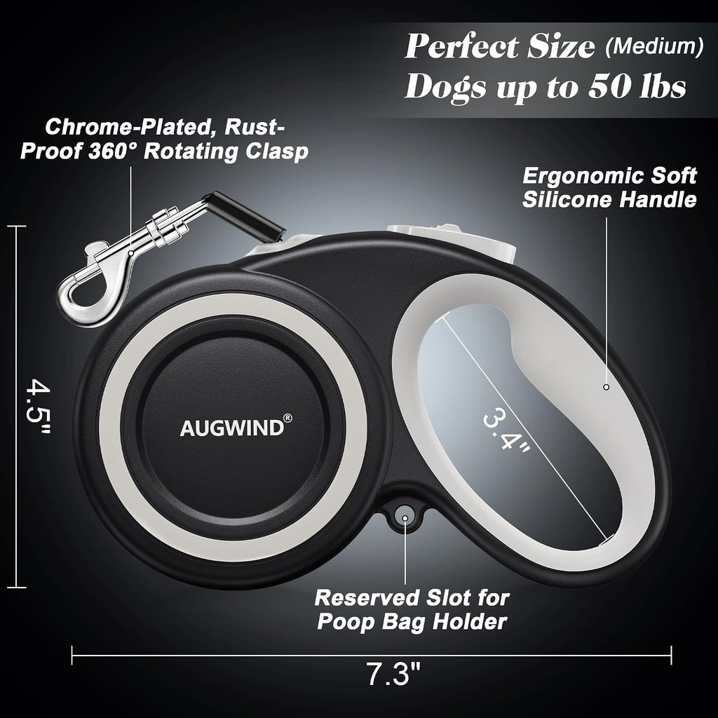 Retractable Dog Leash with Stainless Steel Anti-Chew Cable for Small & Medium Dogs up to 50 lbs | 16 ft Strong Nylon