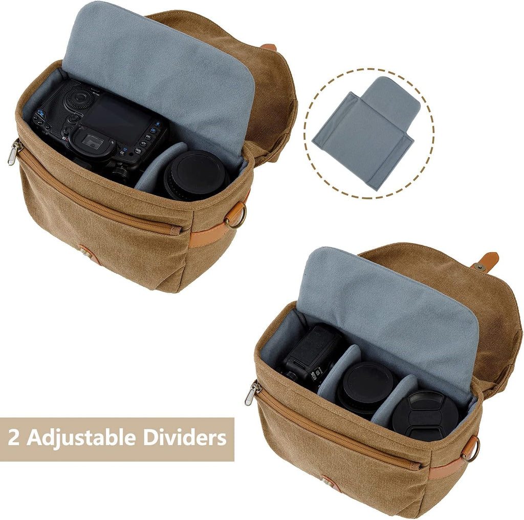Canvas Crossbody Camera Bag with Rain Cover for Women Men, Khaki | SLR DSLR Camera Case, Compact Camera Shoulder Bag