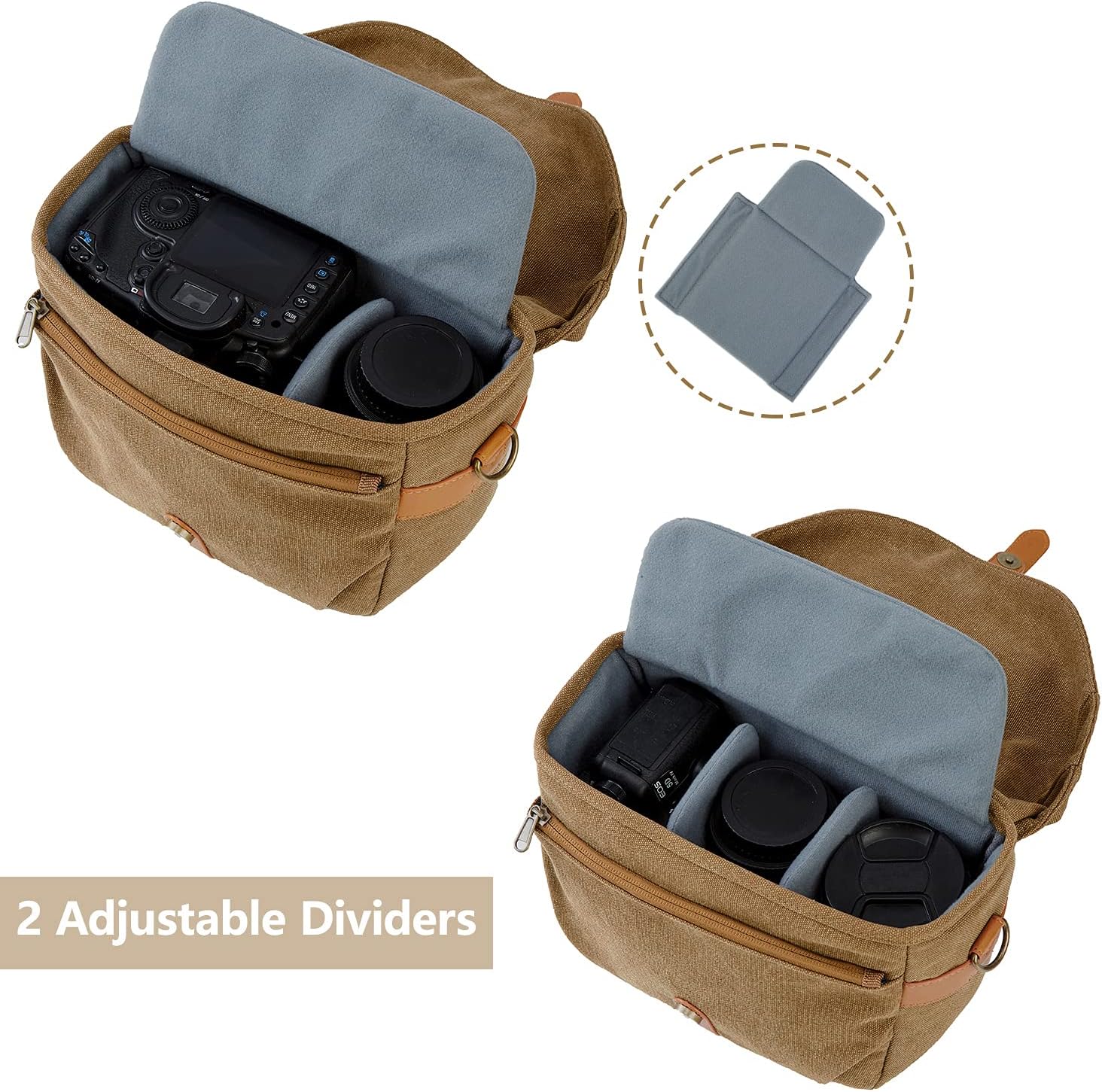 Canvas Crossbody Camera Bag with Rain Cover for Women Men, Khaki | SLR DSLR Camera Case, Compact Camera Shoulder Bag