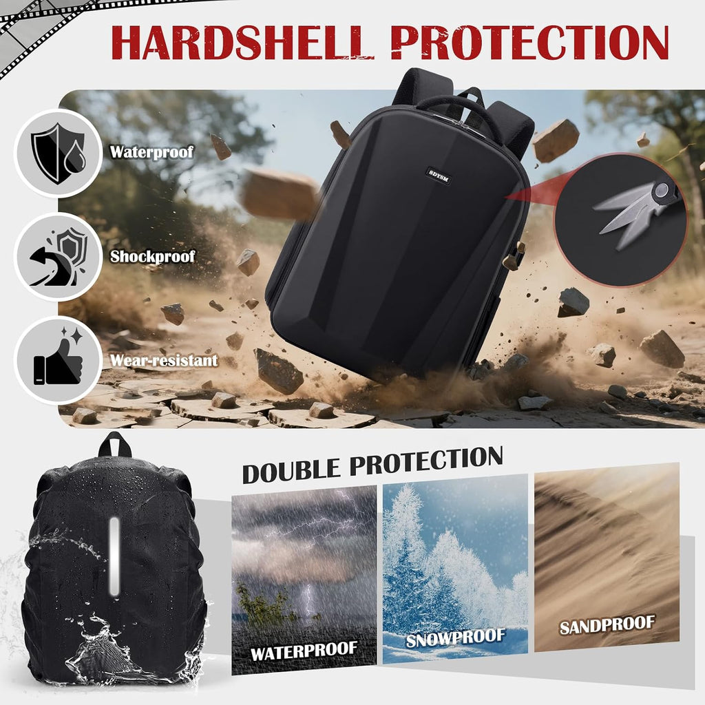 Camera Backpack, Hardshell DSLR/SLR Camera Bag with Lens Pouch & 15.6" Laptop Compartment Waterproof Camera Case with