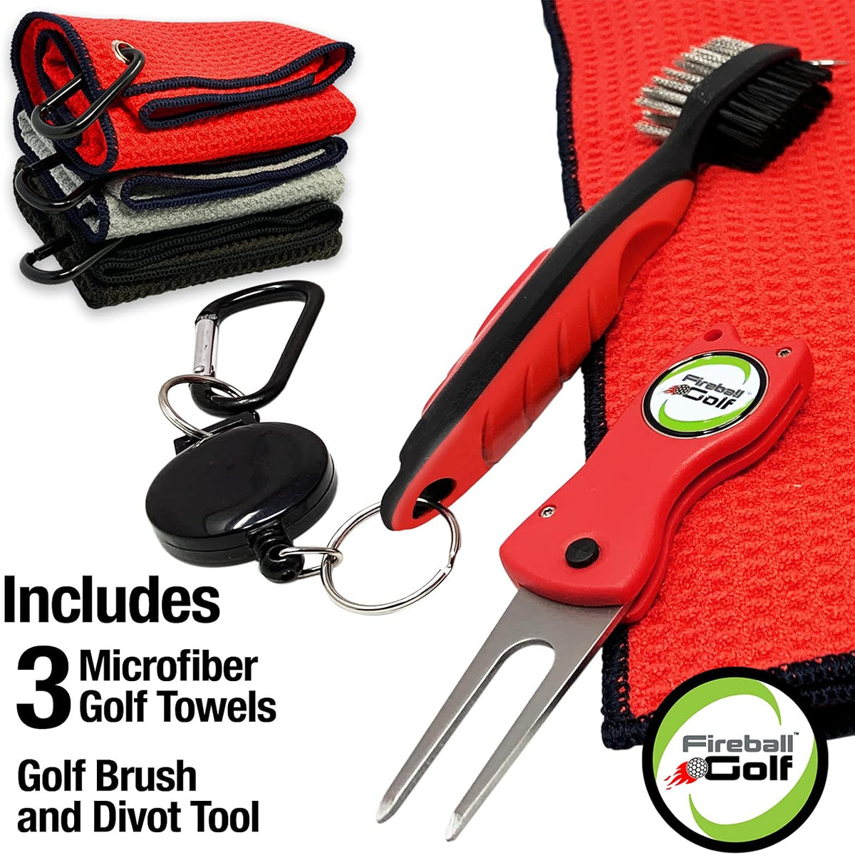 Towel Gifts and Accessories Set (Many Colors) - 3 Golf Towels, Golf Divot Tool, Ball Marker, and Golf Cleaning Brush