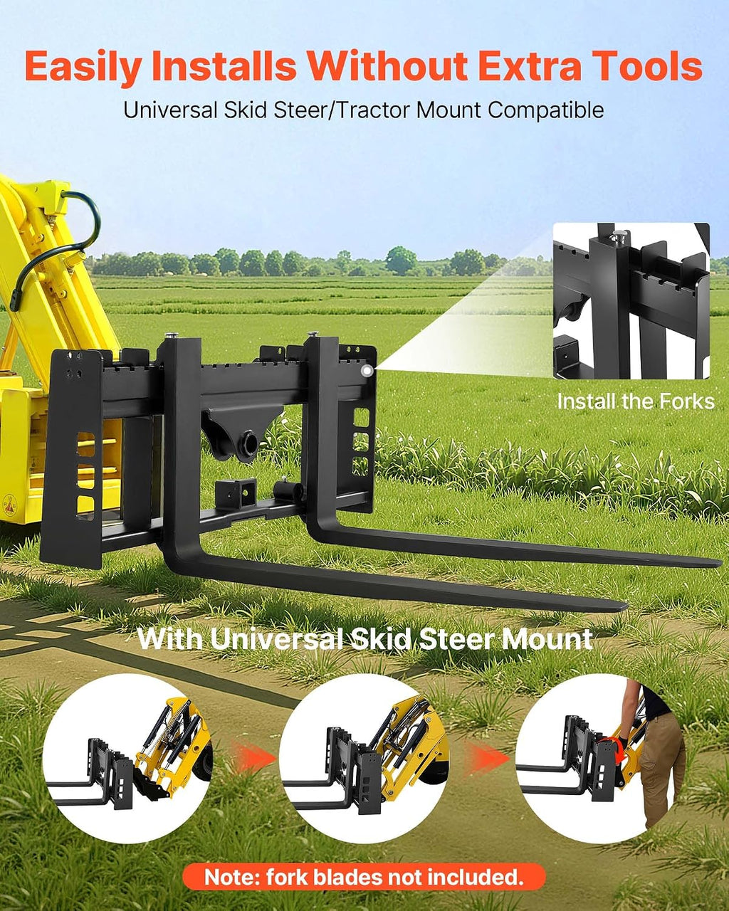 Skid Steer Pallet Frame, 4000 lbs Rated Load Capacity, 45-inch Pallet Fork Frame Attachments with 2-inch Hitch