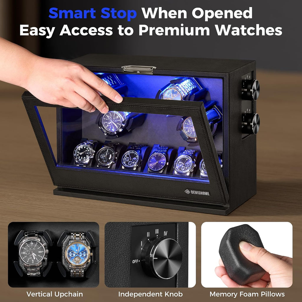 Watch Winders for Automatic Watches, 4 Watch Winder | 6 Watch Display Case with Led Light 4 Modes, Automatic Watch