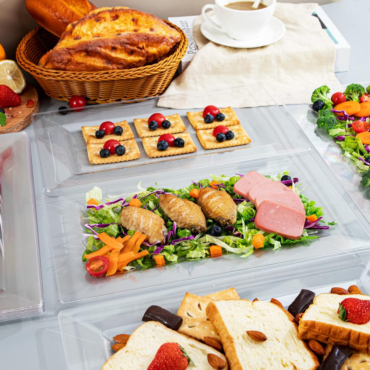12 Pack Plastic Serving Trays, Heavy Duty Clear Plastic Serving Platters 13”×8” Rectangle Disposable Serving Platters