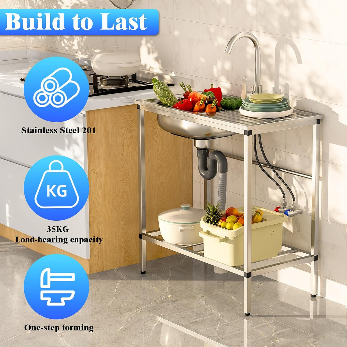 Utility Sink Stainless Steel,Freestanding Single Bowl Kitchen Sink,Outdoor Sink Station with Hose Hook Up,Hot & Cold