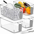 4 Pack Clear Ice Bins for Freezer, Plastic Ice Bucket with Flexible Scoop & Ice Tong, Pull Out Handle Ice Container