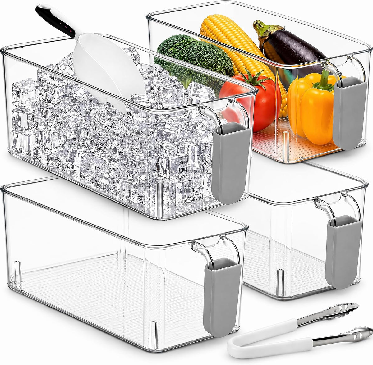4 Pack Clear Ice Bins for Freezer, Plastic Ice Bucket with Flexible Scoop & Ice Tong, Pull Out Handle Ice Container