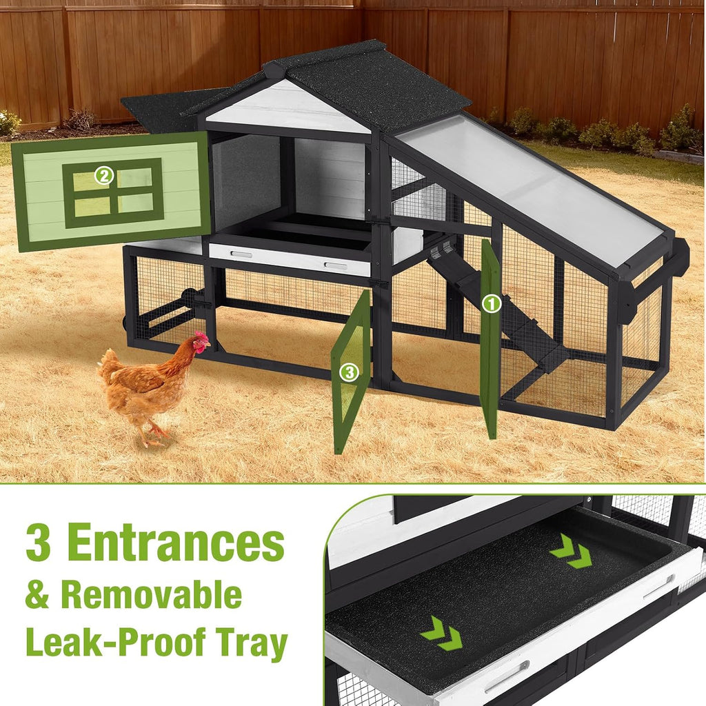Mobile Chicken Tractor with 2 Nesting Boxes, 81" Large Wooden Chicken Coop for 2-4 Chickens, Predator Proof Poultry