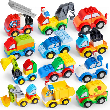 80Pcs Toddlers Car Building Blocks Set, 12Pcs Different Vehicles, Build Your Own Toy Cars, Compatible with Brand Name