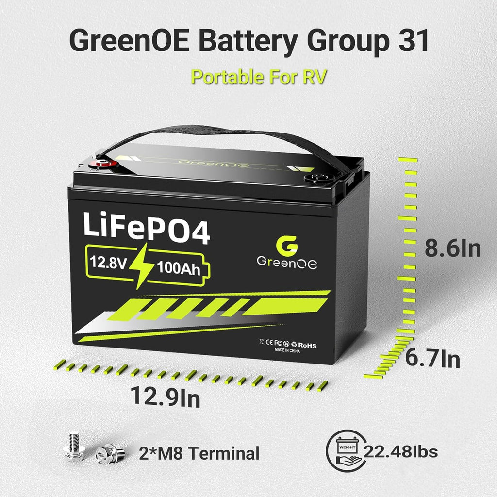 12V 100Ah LiFePO4 Battery, Lithium Battery Deep Cycle Group 31, Smart 100A BMS, 1280Wh Energy, 15000+ Cycle, 10-Year