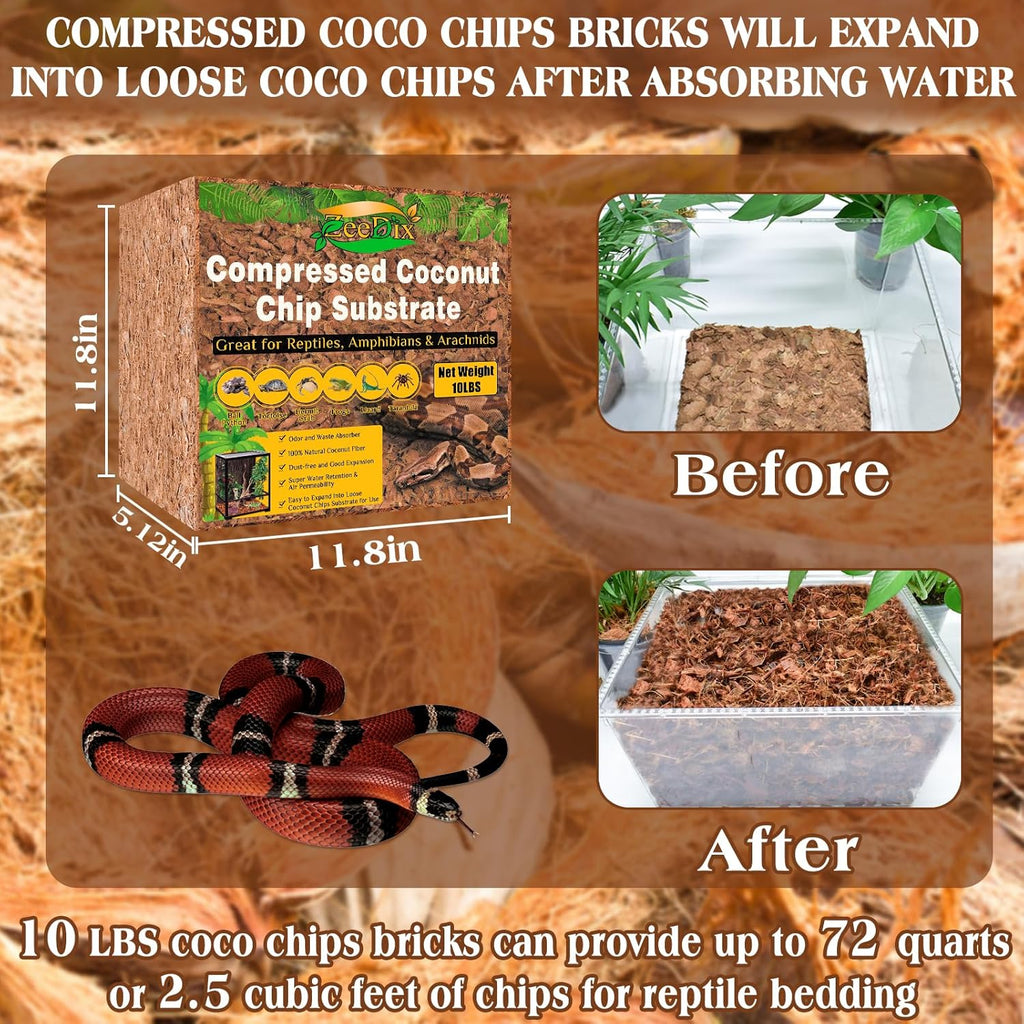 10LBS Coconut Husk Chip Substrate for Reptiles, 72QT Coco Husk Chips | Organic Coco Coir Chips for Snake Habitat