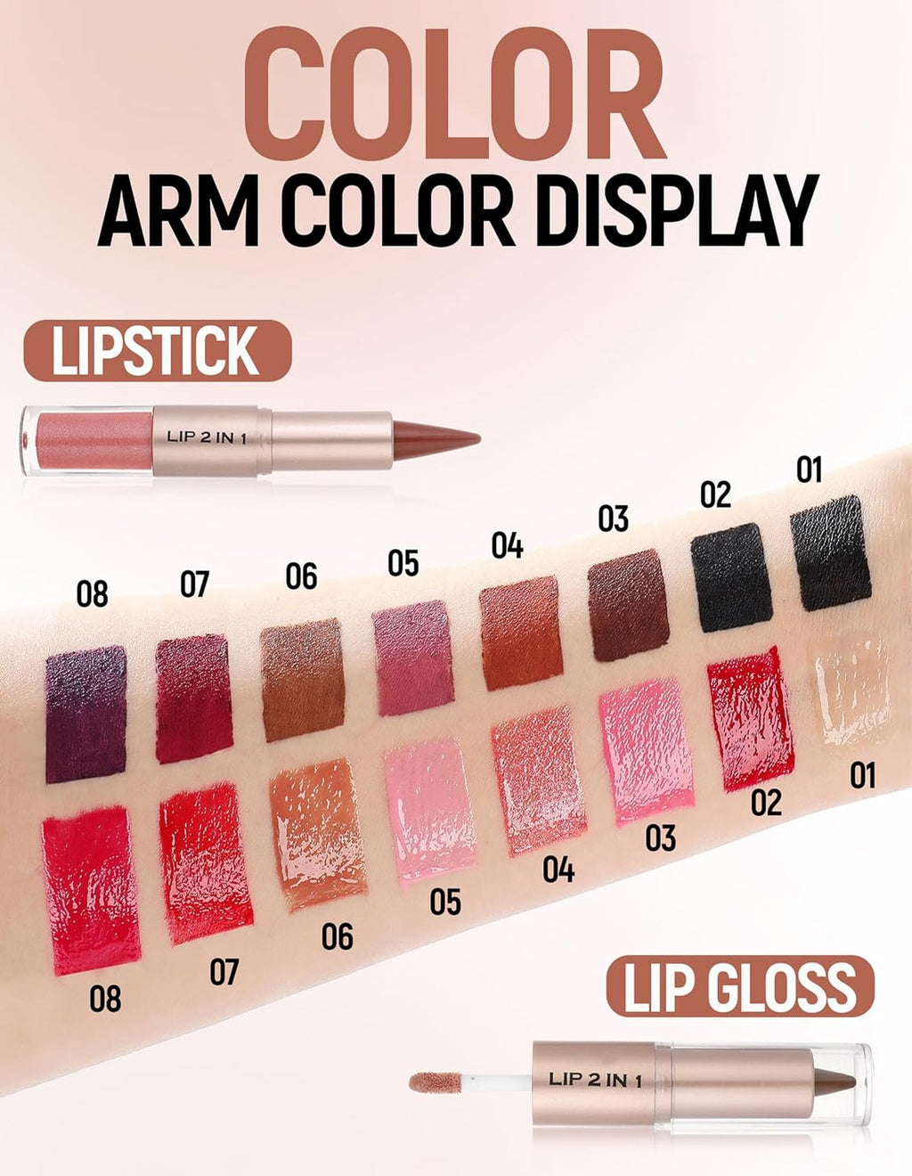 2 In 1 Lip Combo Set, Dual-Ended Lip Liner & Gloss Combo, Nude Brown Lipliner, Velvet Matte Lipstick & High-Shine