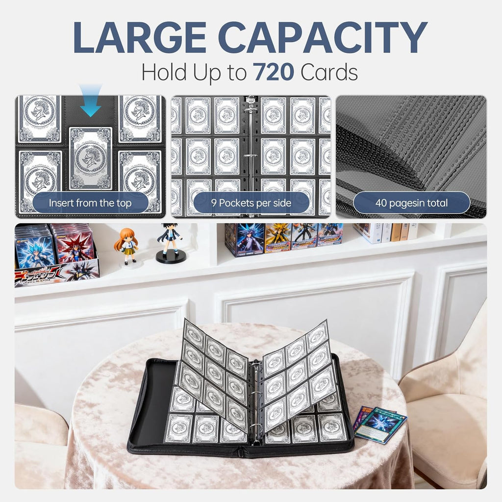 9 Pocket 720 Zip Trading Card Binder, Carbon Fiber Textured, Black | Double sided pocket, top loading, wear-resistant