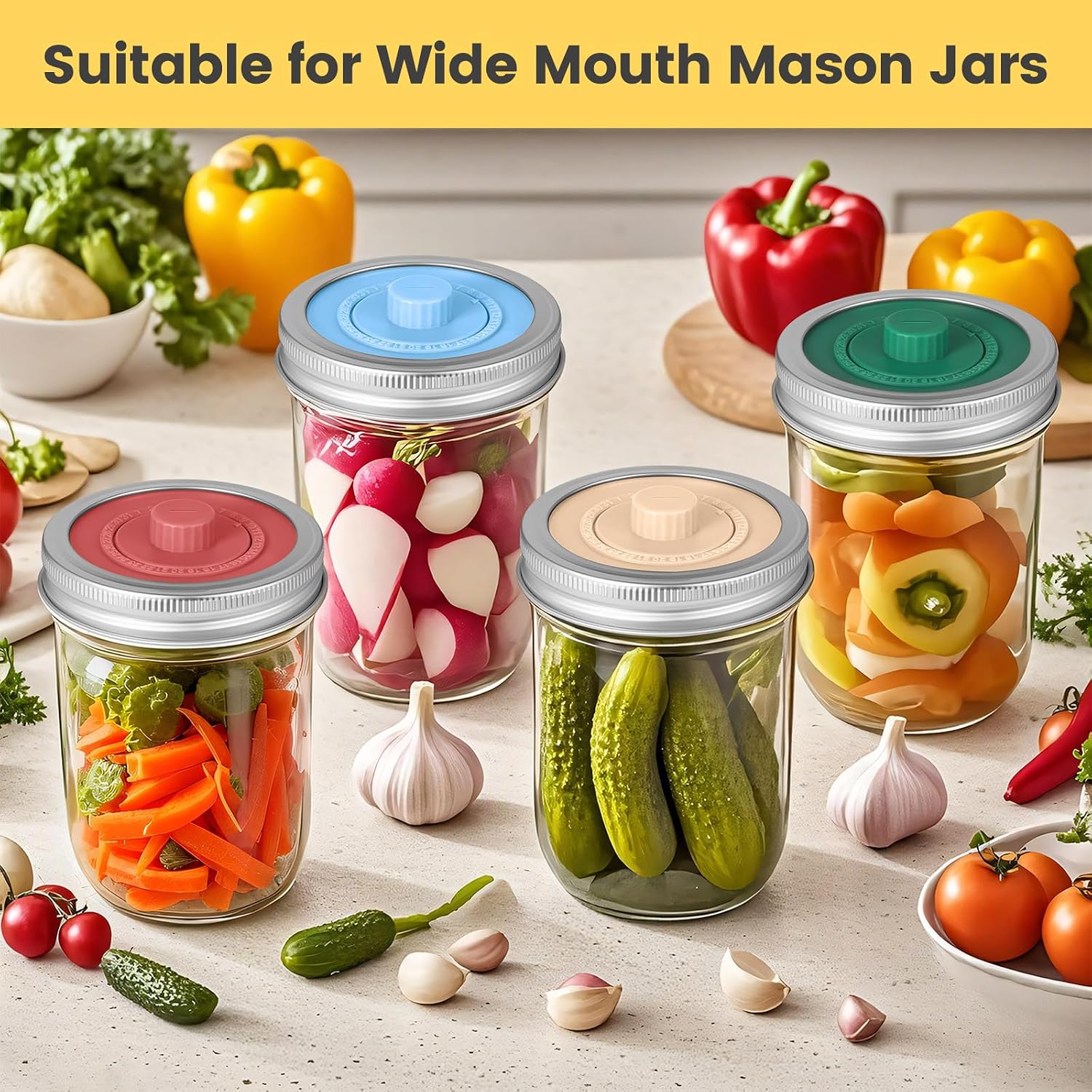 Original Patented Airlock Fermentation Lids for Wide Mouth Mason Jars, Fermenter Caps, Fermentation Kit for