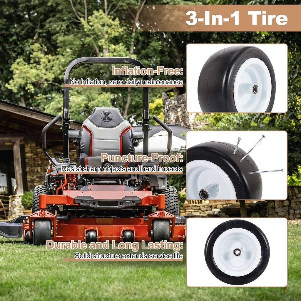 13x6.50-6 Flat Free Lawn Mower Tires and Wheelsfor Zero Turn Mowers | 13x6.5-6 Solid Front Smooth Tread Tires with