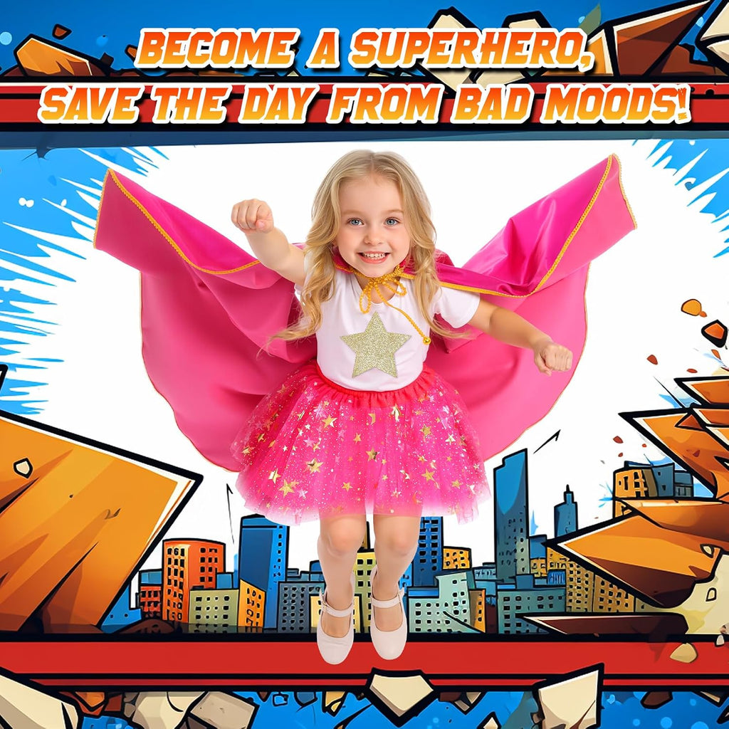 Kids Superhero Cape Tutu Costume Set for Girls Halloween Dress Up Age 3-10 | Includes satin cloak, mask, star cuffs &