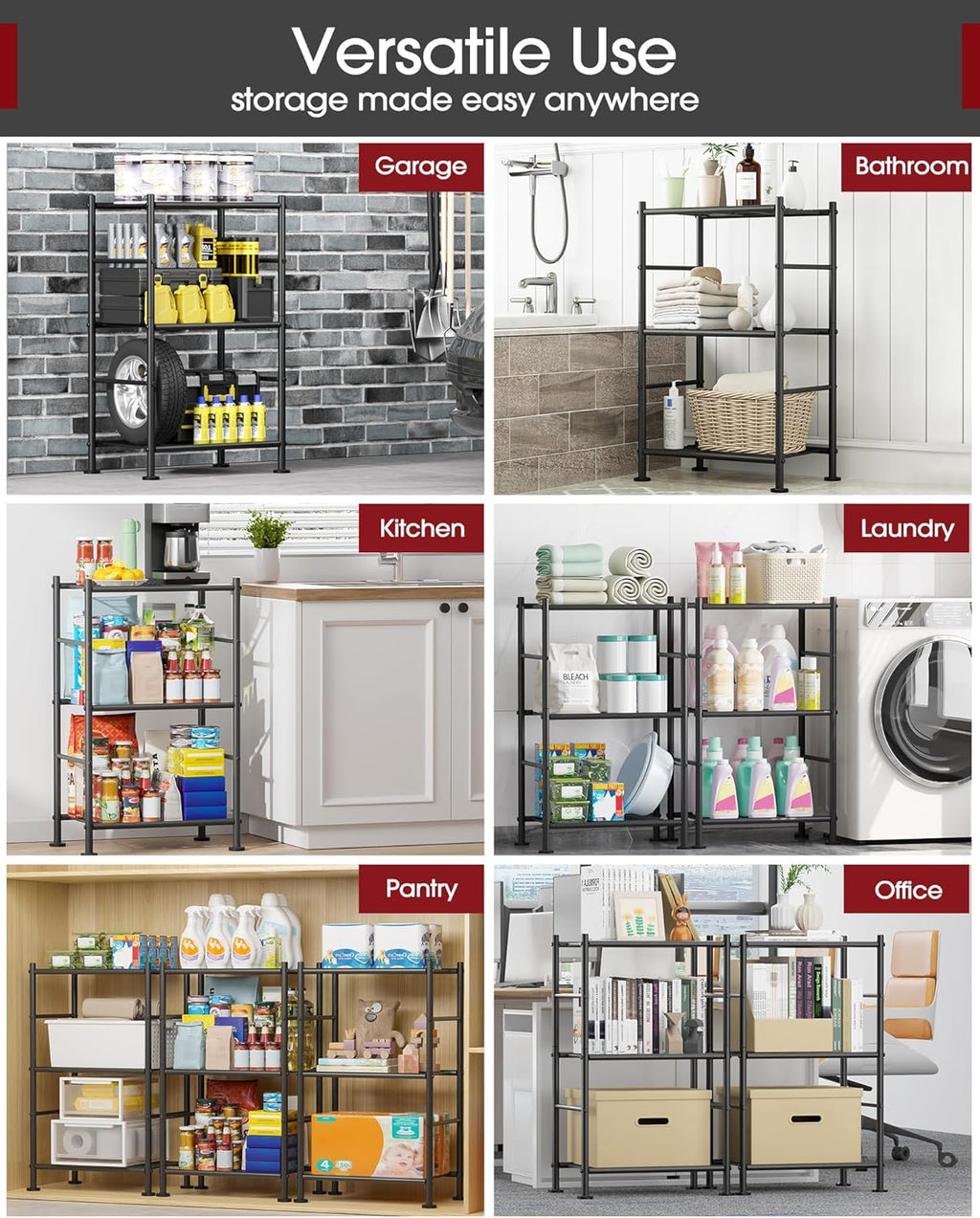 Storage Shelves - 3 Tier Shelf Organizer, Sturdy Metal Garage Shelving with Adjustable Leveling Feet, Space-Saving