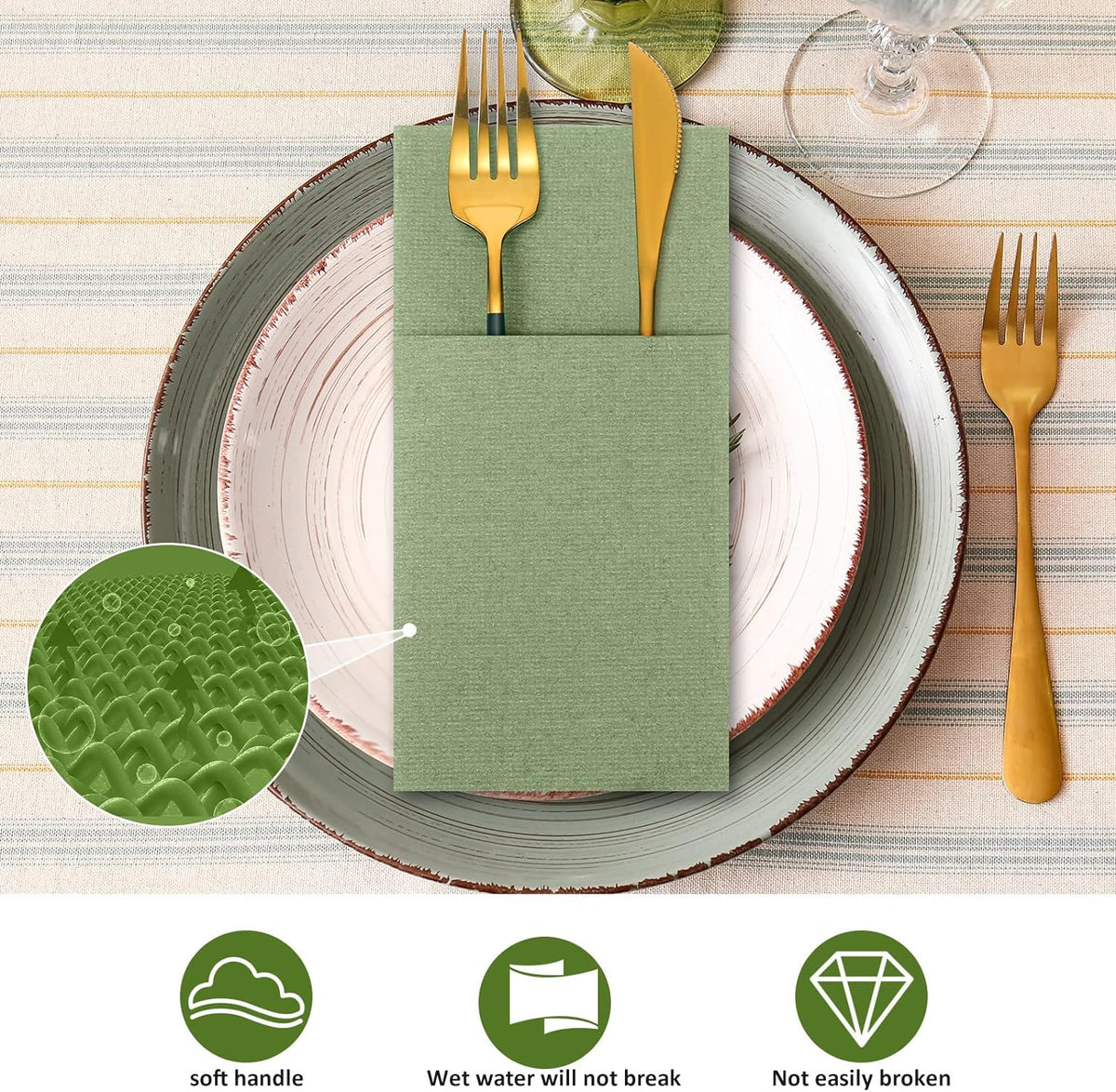 75 Pcs Sage Green Linen Dinner Napkins with Built in Flatware
