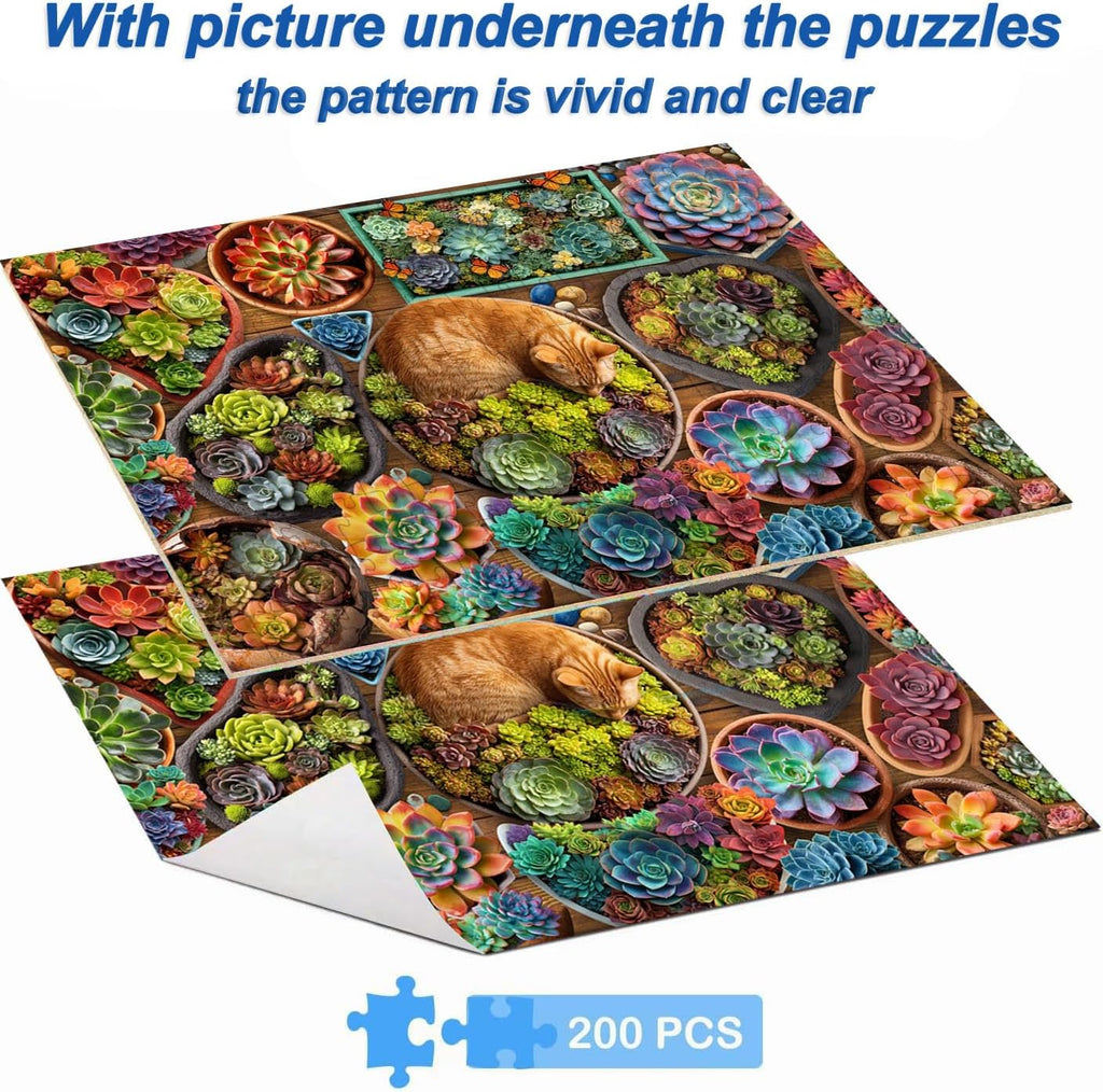 Puzzles for Kids Ages 6-8 8-12 Year Old - Succulent and Orange Cat Puzzle, 200 Pieces Jigsaw Puzzles for Kids