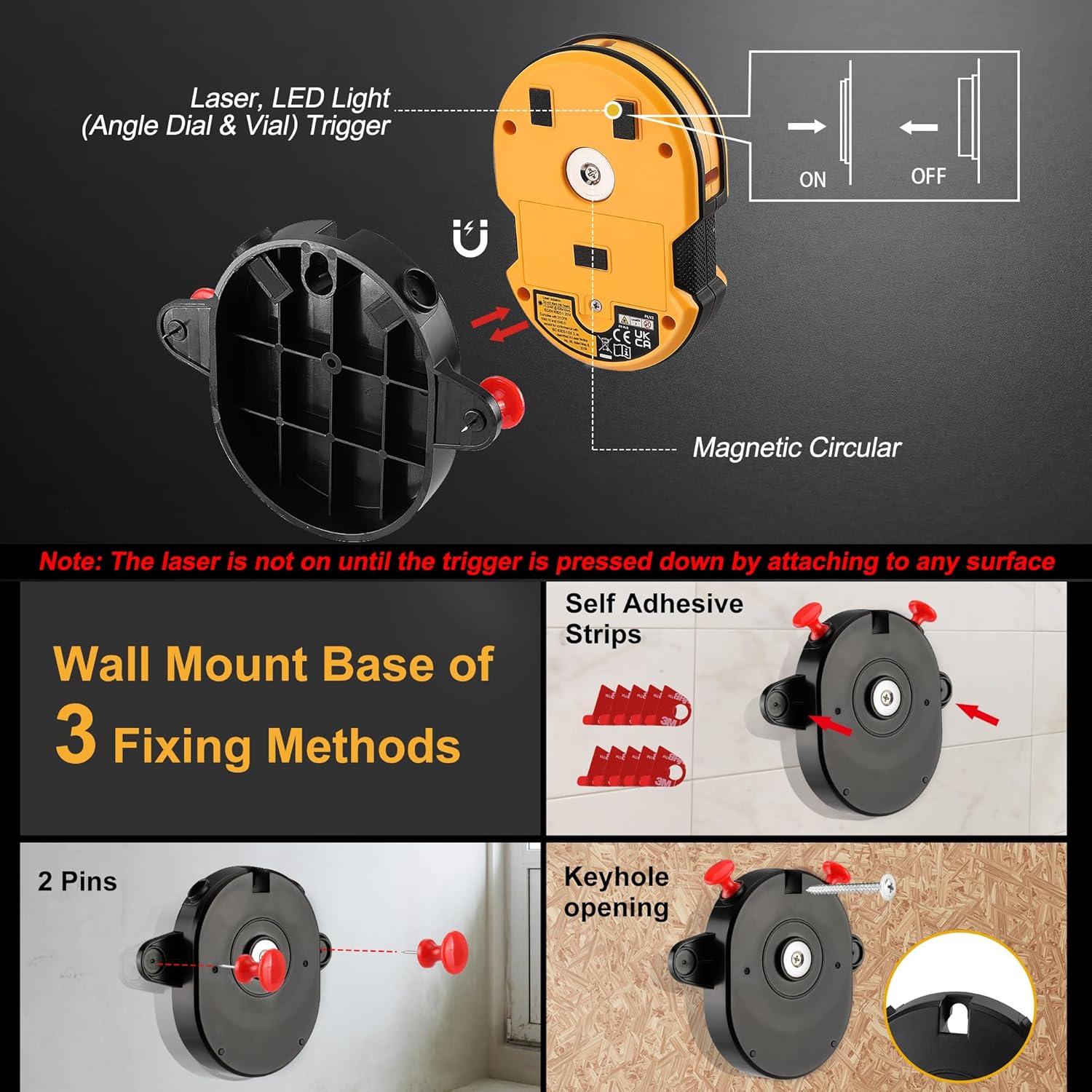 Multi Surface Laser Level LED Light Vial, 30Ft Horizontal & Vertical Line Laser with Wall Mount Base, 2 Pins, 10