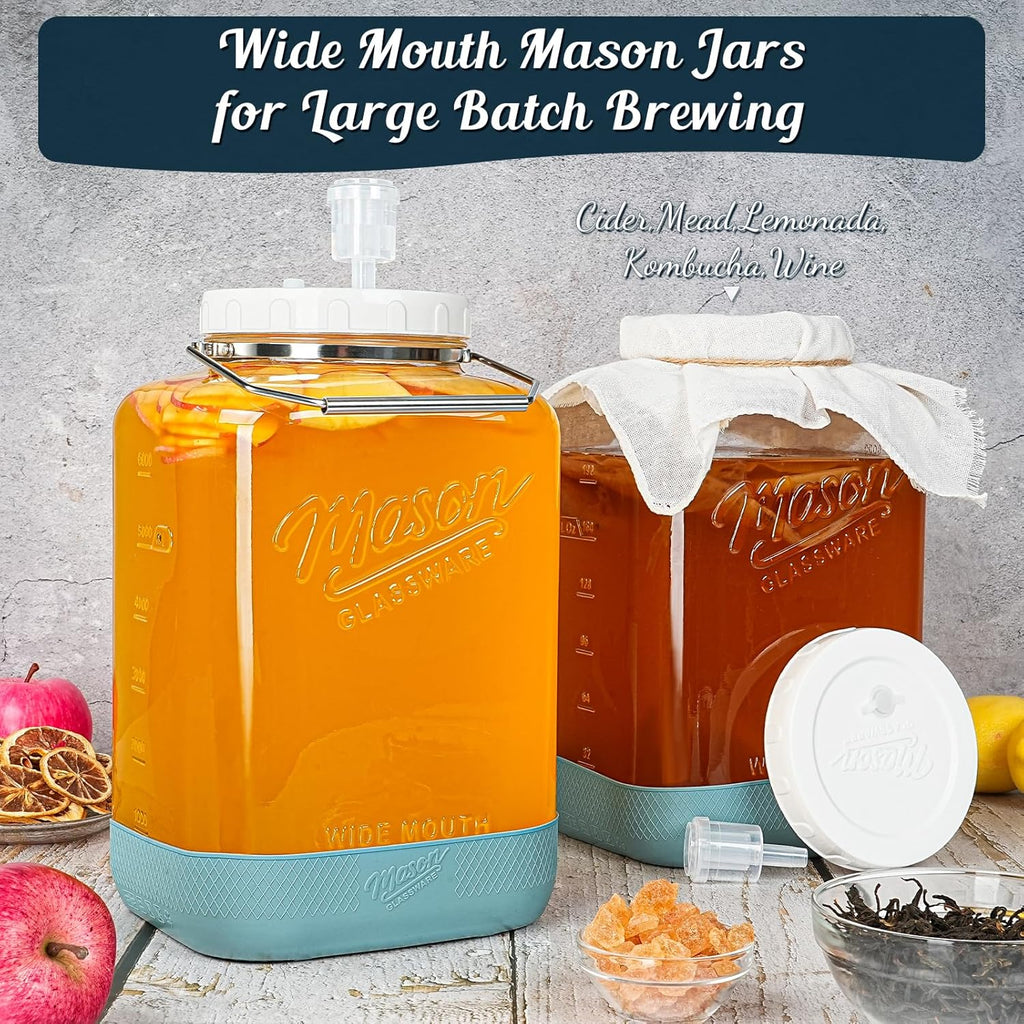 Large Fermentation Jars with Airlock, 2 Gallon Glass Jar with Lid | 2 Pack Square Wide Mouth Mason Jar, Stainless
