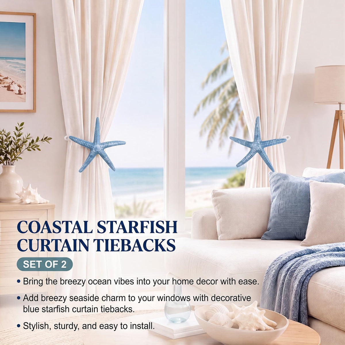2 Pcs Natural Starfish Curtain Tiebacks Coastal Curtain Holdbacks